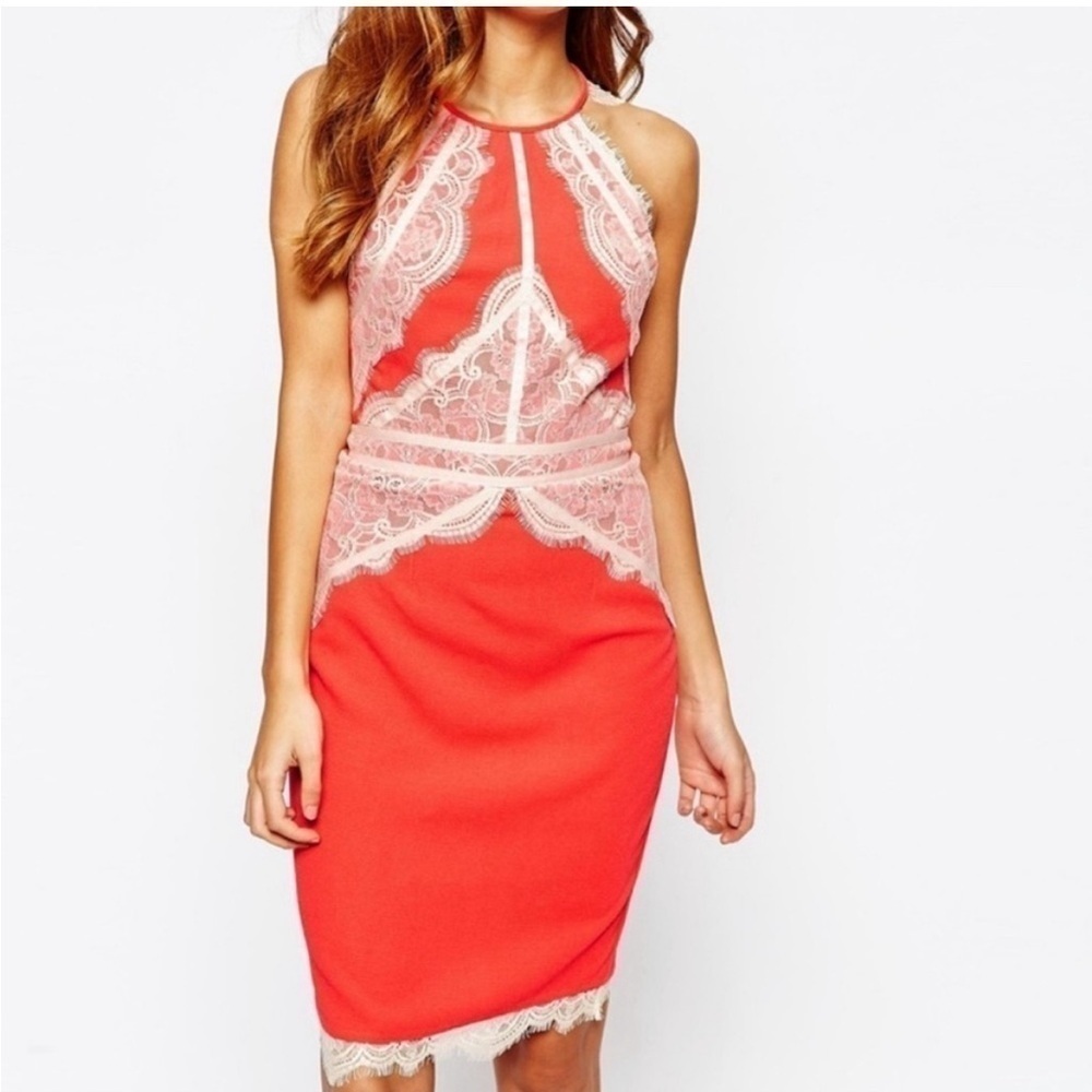Lipsy London Orange Lace Midi dress sleeveless halter neck US4